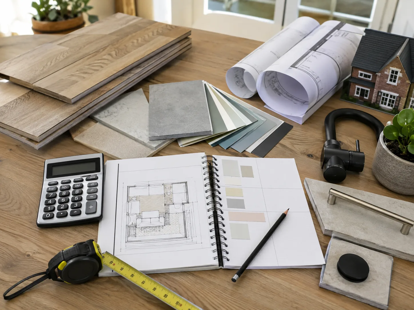 Materialen voor een renovatiebudget met calculator, meetlint, stalen, potlood en bouwtekeningen.