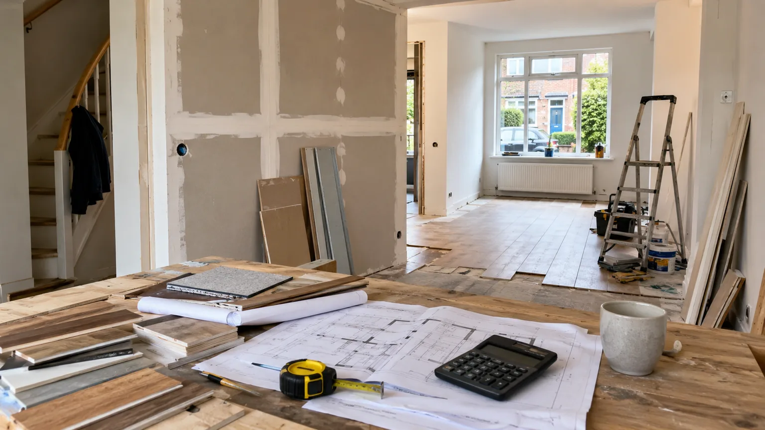 Een Nederlandse woningverbouwing met bouwmaterialen, plattegronden en budgetdocumenten op de werkplek.