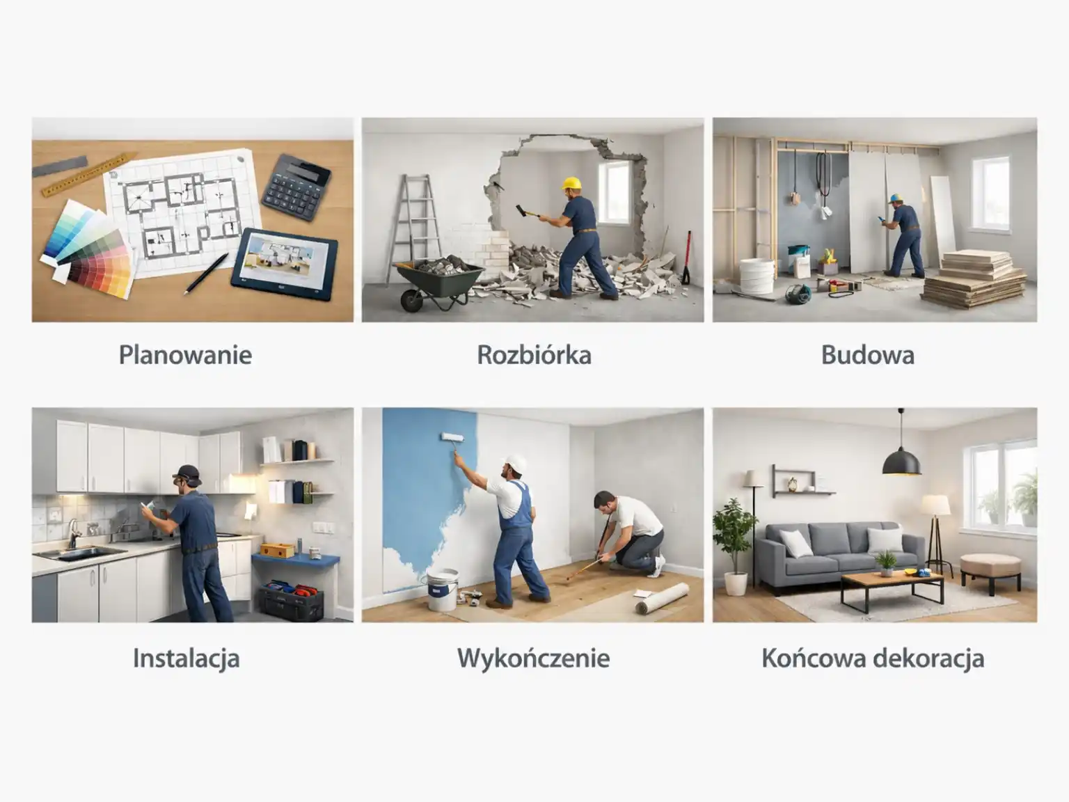 Proces remontu krok po kroku od planowania i rozbiórki przez budowę, instalację i wykończenie aż po końcową dekorację