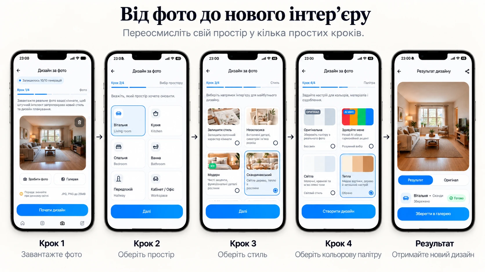Етапи створення AI-дизайну в Re:Build: від завантаження фото й вибору кімнати, стилю та палітри до готового результату