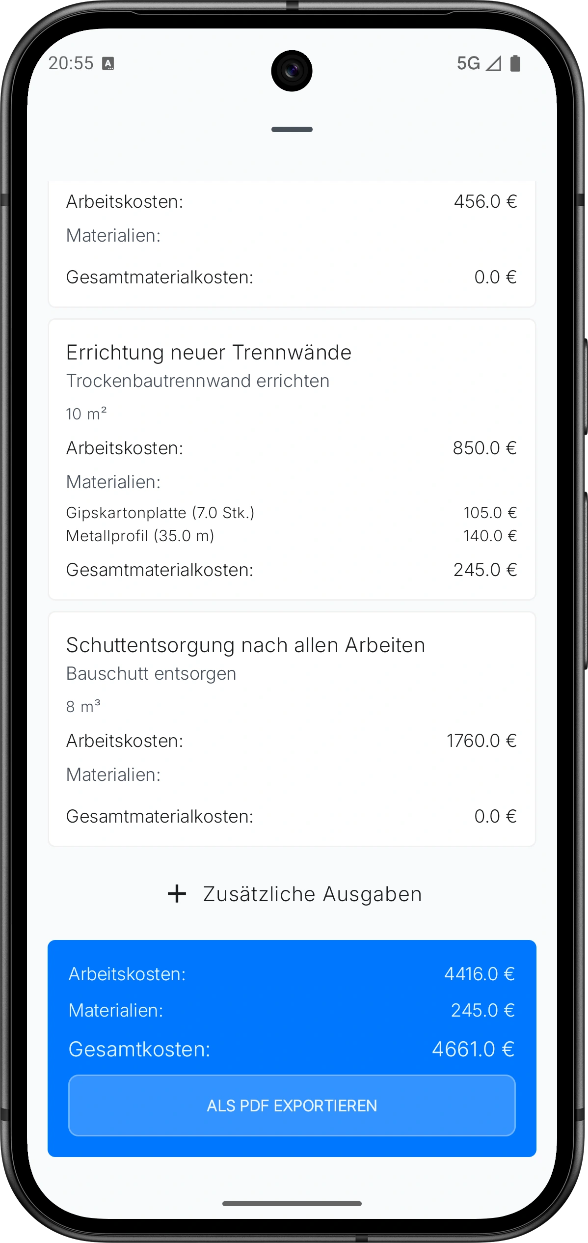 Schnittstelle für die Renovierungskostenschätzung in der App