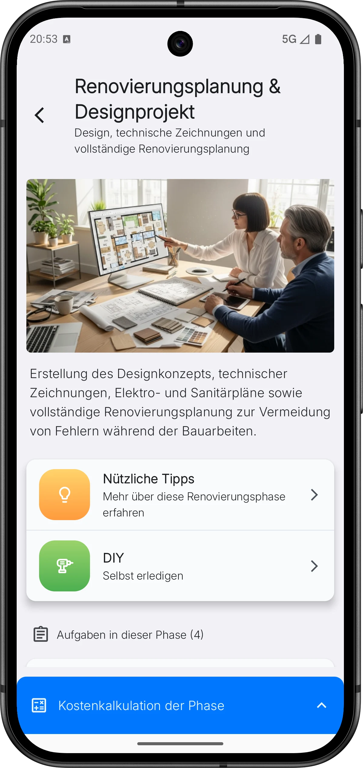 Schnittstelle für die Renovierungsplanungsphase in der App