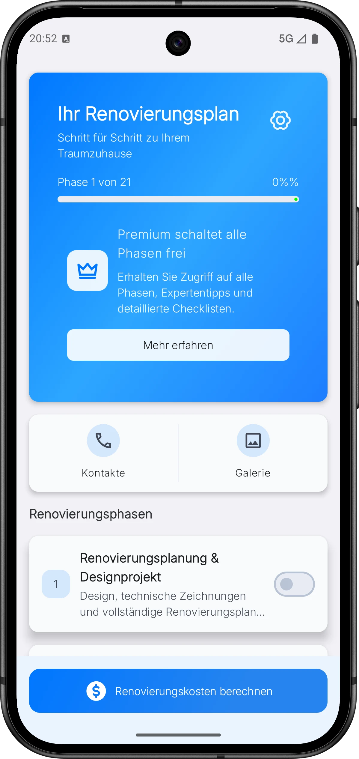 Schnittstelle für den Renovierungsfortschritt in der App