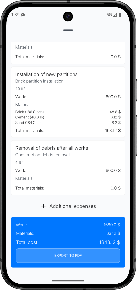App renovation cost estimation interface