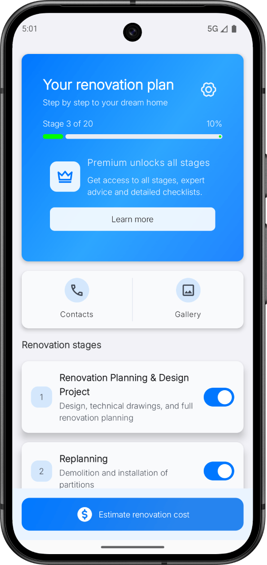 App renovation progress interface