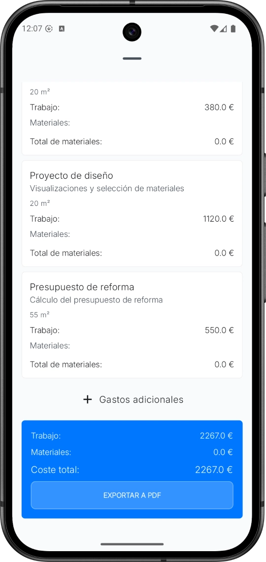 Interfaz de estimación del coste de la reforma