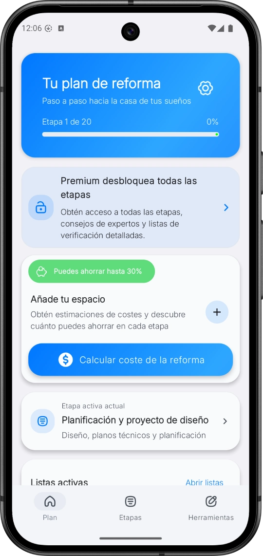 Interfaz de progreso de la reforma en la aplicación