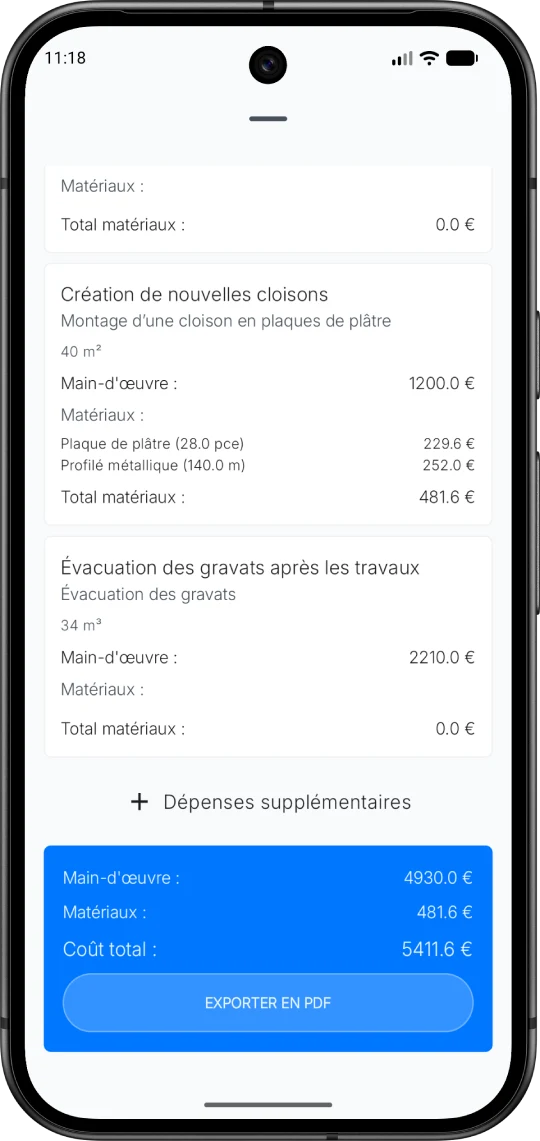 Écran Re:Build d'estimation du budget de rénovation
