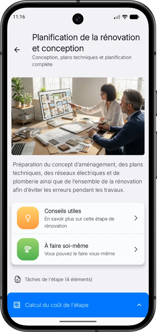 Écran Re:Build de planification des étapes d'une rénovation