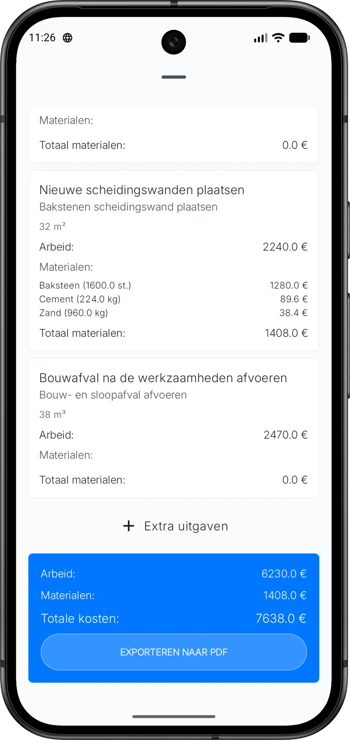 Re:Build-scherm voor kostenberekening van een renovatie