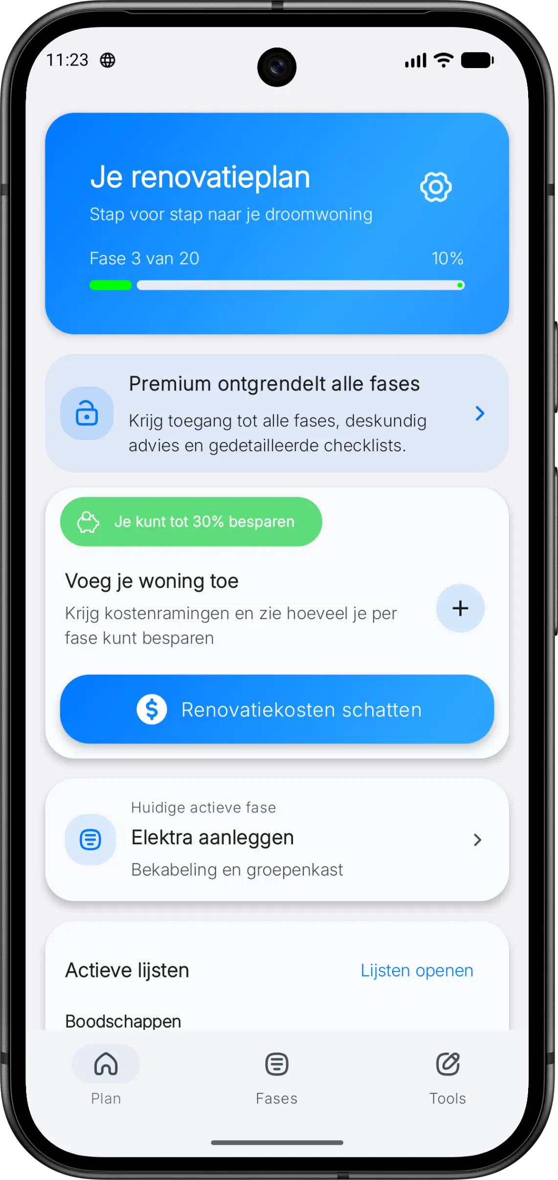 Re:Build-scherm met renovatievoortgang