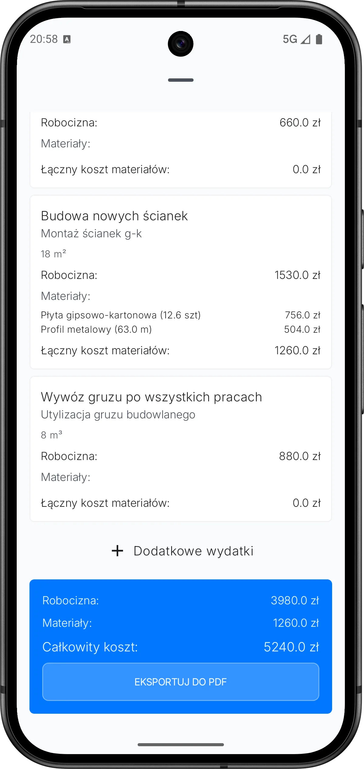 Interfejs szacowania kosztów remontu