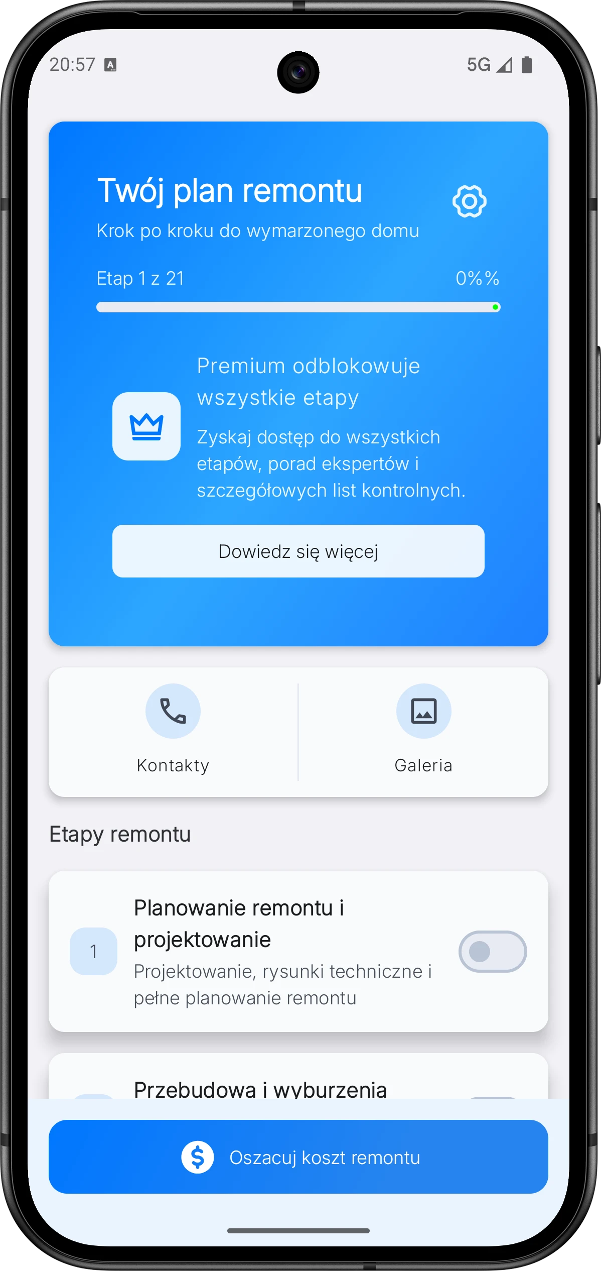 Interfejs postępu remontu w aplikacji